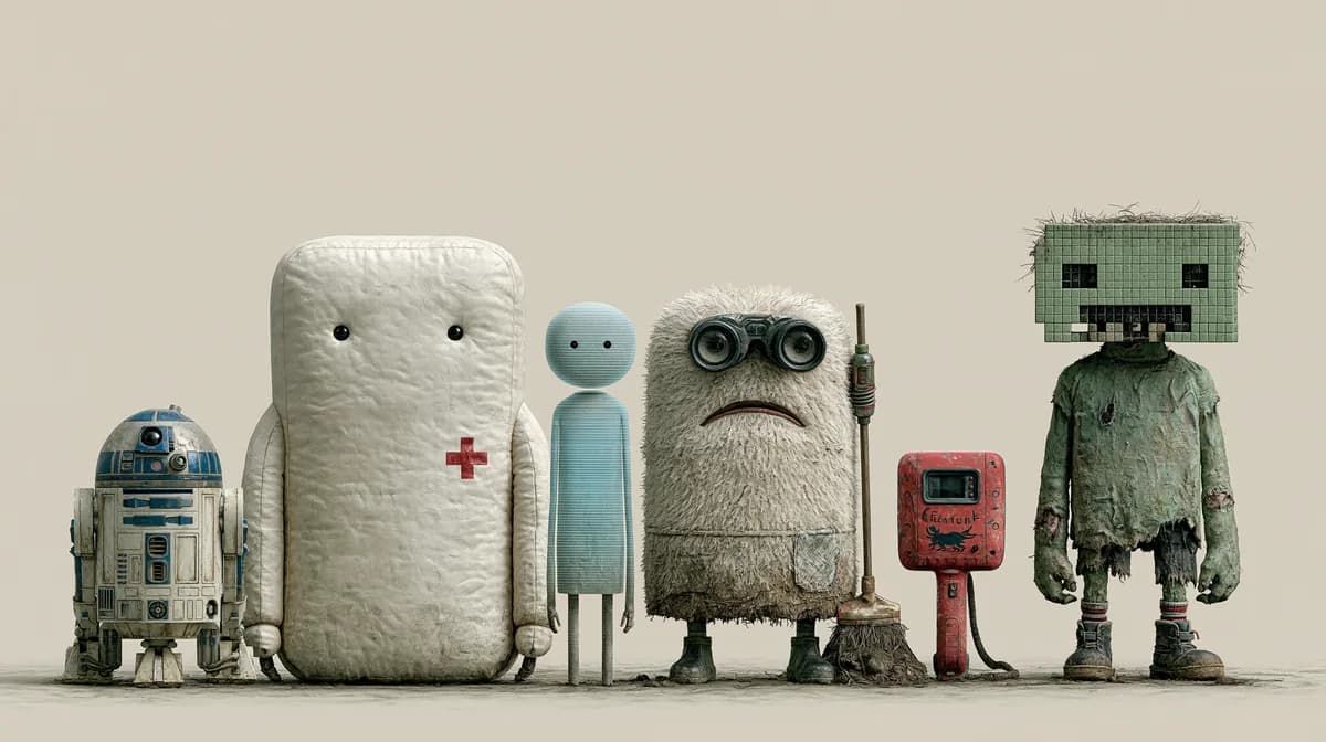 Filmcollage: R2-D2, Baymax, JARVIS, Wall-E, Pokédex, Minecraft-zombie sida vid sida