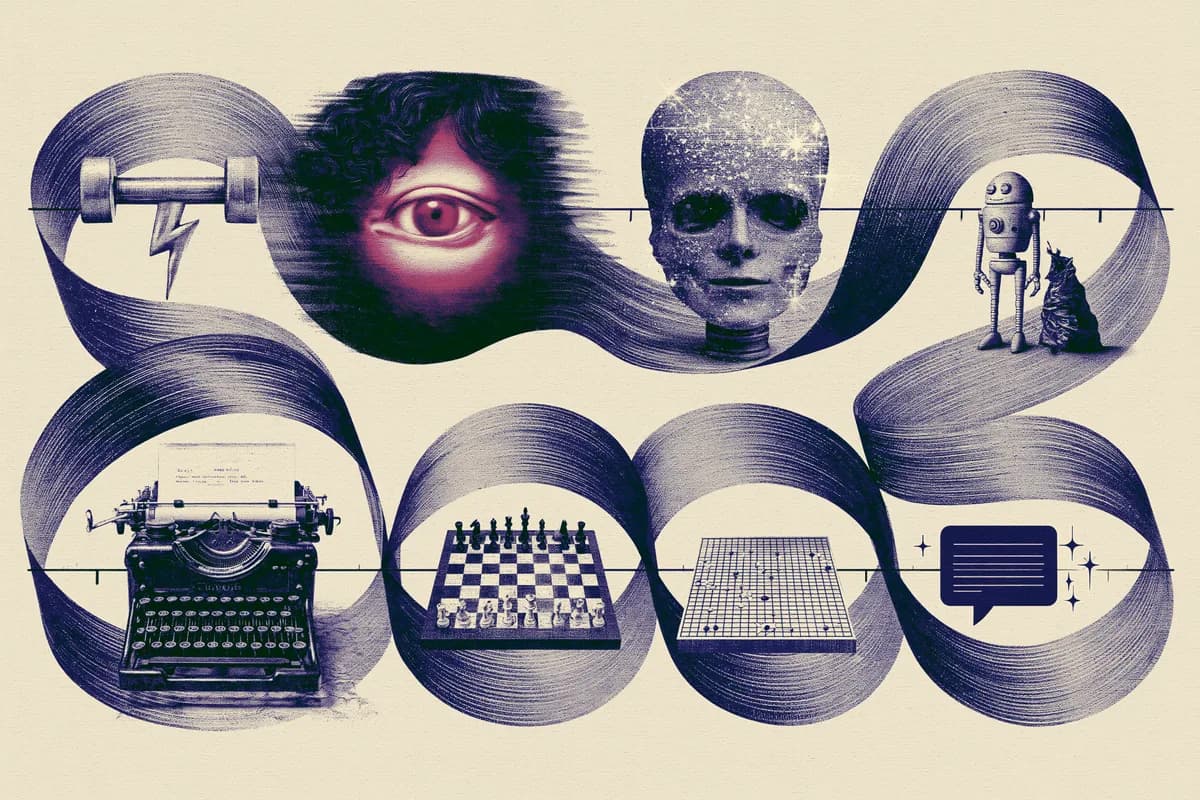 Två parallella tidslinjer: 'Berättelser om AI' (Frankenstein, HAL, Skynet, Wall-E) och 'AI på riktigt' (Turing, Deep Blue, AlphaGo, ChatGPT)
