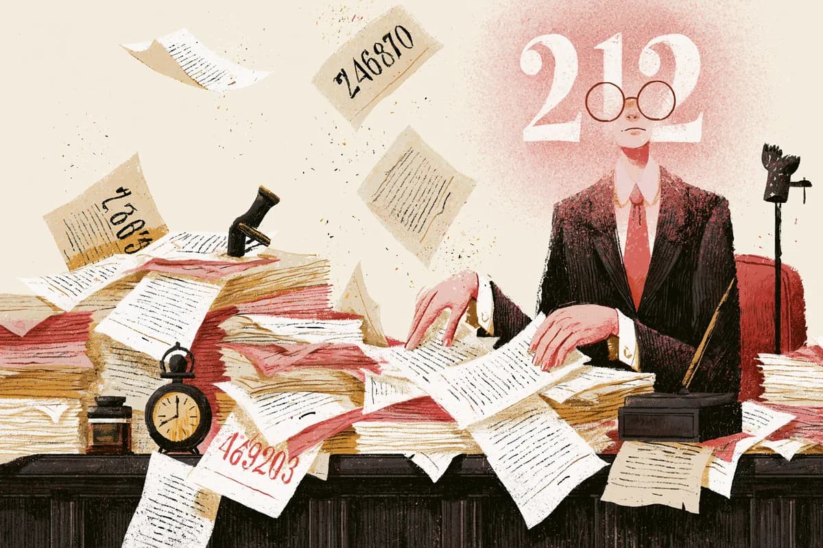 Domstols-illustration eller dokument-mockup. '712 fall under 2025 där advokater lämnade in AI-hallucinerade citat'