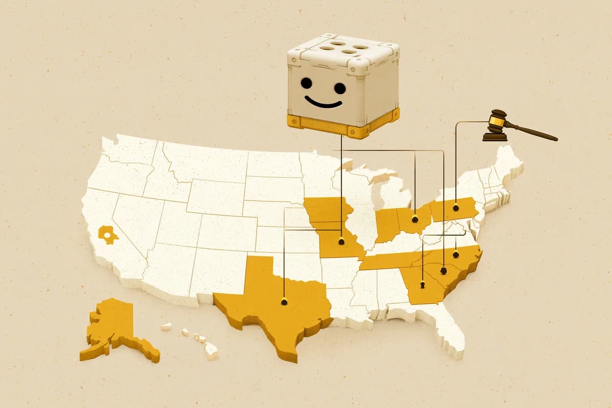 Roblox-logotyp + karta över USA-delstater som stämt: Florida, Texas, Nebraska, Tennessee, LA County (feb 2026)
