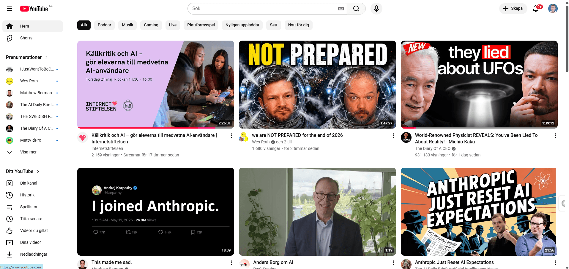 Skärmdump av Joels YouTube-flöde — visar hur personaliserat det blivit