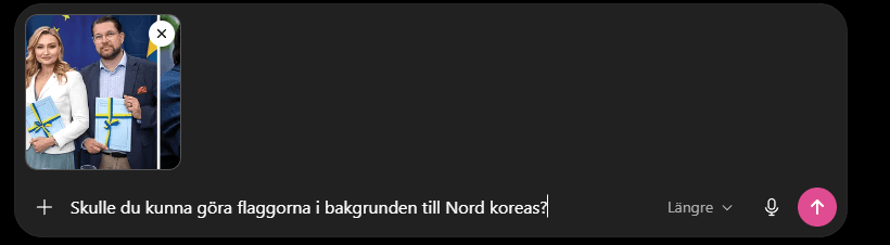 Skärmdump av prompt i ChatGPT där en nyhetsbild laddas upp och AI:n får i uppgift att manipulera den