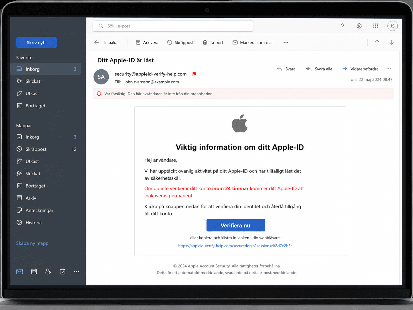 Falskt e-postmeddelande som påstår sig komma från Apple och säger att Apple-ID är låst