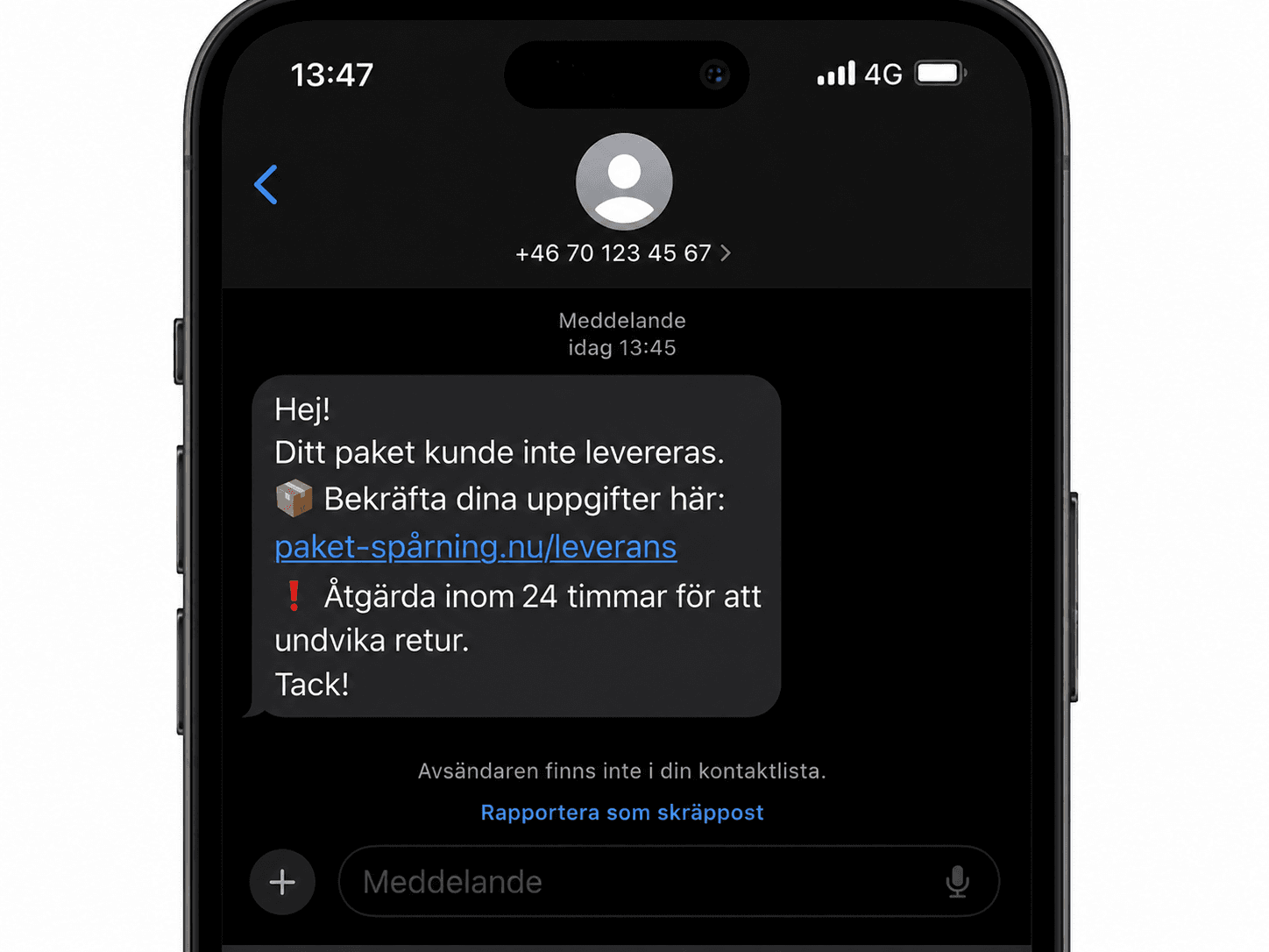 Falskt sms som påstår att ett paket väntar och länkar till en tveksam URL