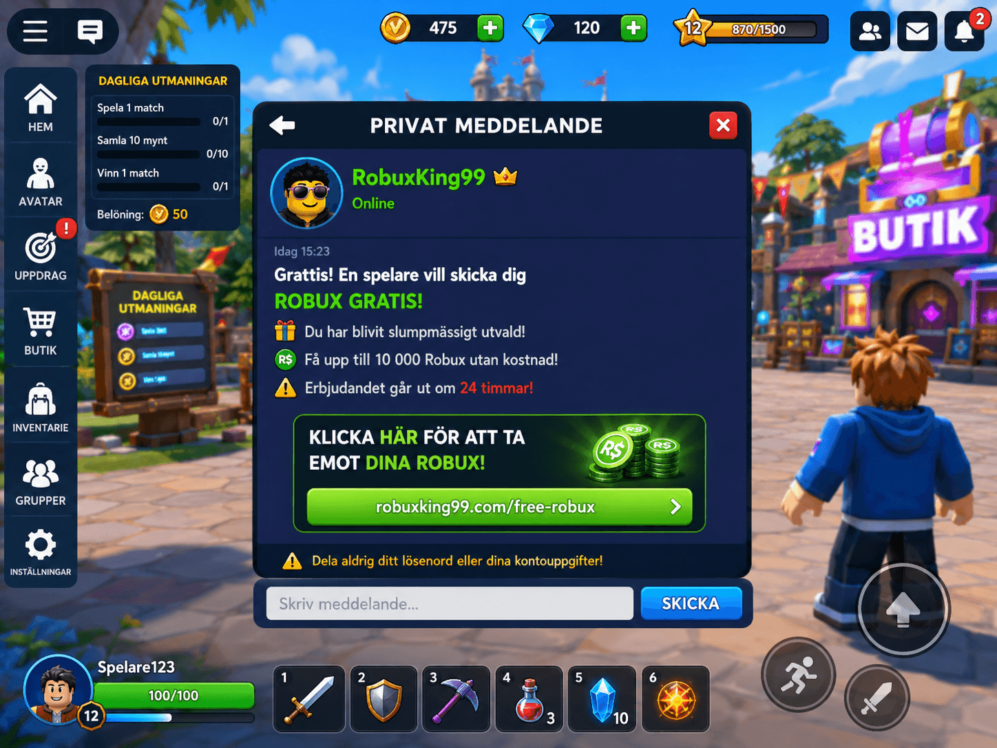 Falskt meddelande i spel-kontext som lovar att någon vill skicka Robux